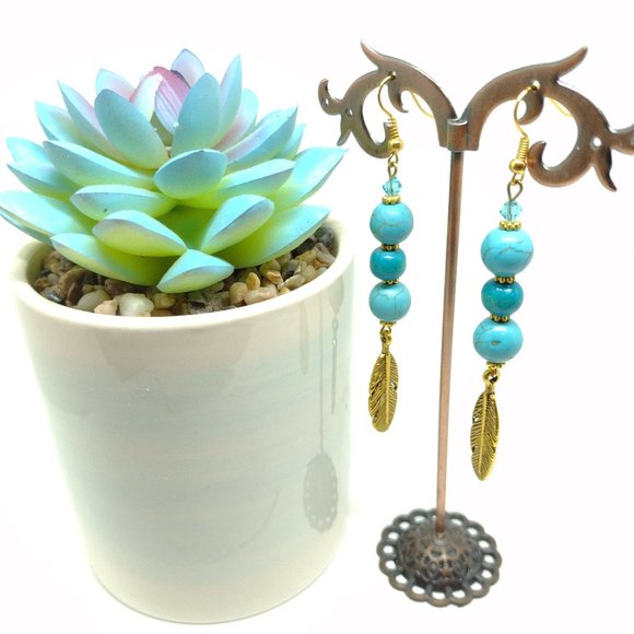 Faux Turquoise Dangle Earrings with Gold Feather and Swarovski Bead Accent - Picture 2 of 4